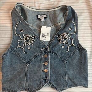 Forever 21 Blue Denim Vest with White Embroidery